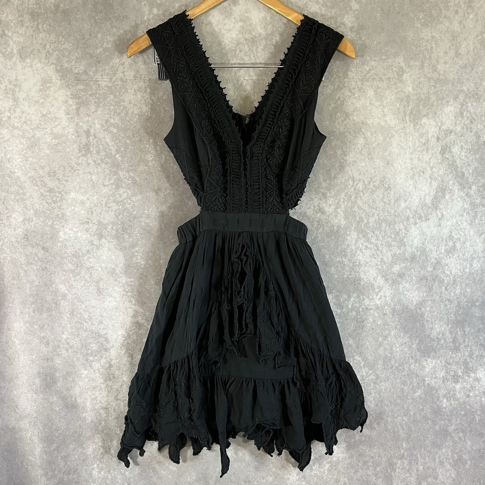 Vintage Free People Dress Women 0 Black Embroidery Side Cutout V-Neck *See Desc*